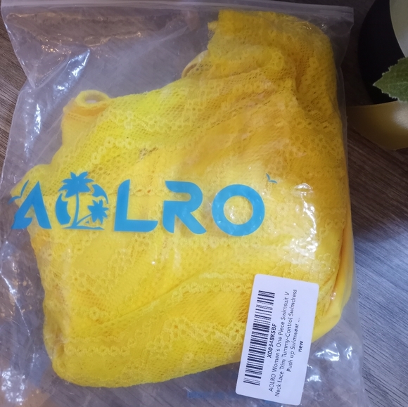 One Piece Lace Tummy Control Yellow Bathing Suit Swimming Dress, Size: Small - Picture 8 of 9